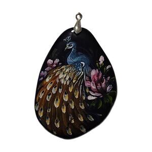 Vintage Hand Painted Peacock on Stone Pendant, 3" Long